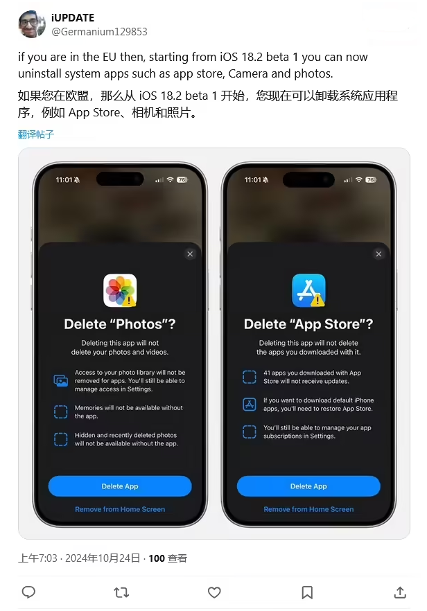 海盐苹果手机维修分享iOS 18.2 支持删除 App Store 应用商店 